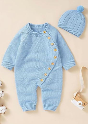 Personalized Knit Baby Romper & Hat Set